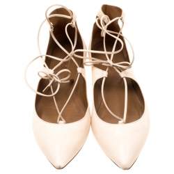Pre Owned Aquazzura Beige Leather Christie Ankle Wrap Pointed Toe Flats Size 37