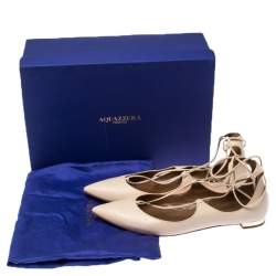 Pre Owned Aquazzura Beige Leather Christie Ankle Wrap Pointed Toe Flats Size 37