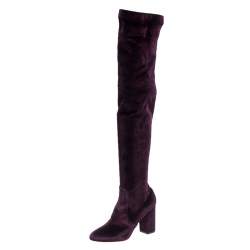 Pre Owned Aquazzura Purple Velvet So Me Knee High Boots Size 38.5
