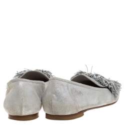 Pre Owned Aquazzura Silver Suede Fringe Detail Loafer Flats Size 38.5