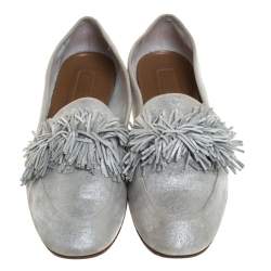 Pre Owned Aquazzura Silver Suede Fringe Detail Loafer Flats Size 38.5