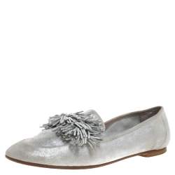 Pre Owned Aquazzura Silver Suede Fringe Detail Loafer Flats Size 38.5