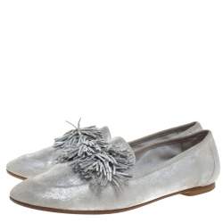 Pre Owned Aquazzura Silver Suede Fringe Detail Loafer Flats Size 38.5