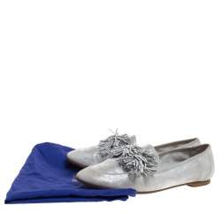 Pre Owned Aquazzura Silver Suede Fringe Detail Loafer Flats Size 38.5