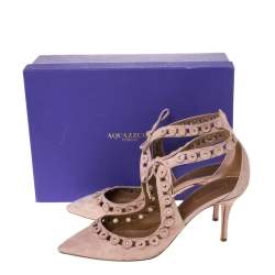 Pre Owned حذاء كعب عالي أكوازورا سويدي بيج مرصع برباط مقدمة مدببة مقاس 40