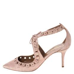 Pre Owned حذاء كعب عالي أكوازورا سويدي بيج مرصع برباط مقدمة مدببة مقاس 40