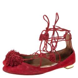 Pre Owned Aquaazzura Red Suede Leather Fringe Tassel Ankle Wrap Ballet Flats Size 40.5