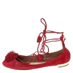 Pre Owned Aquaazzura Red Suede Leather Fringe Tassel Ankle Wrap Ballet Flats Size 40.5