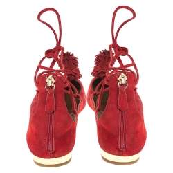 Pre Owned Aquaazzura Red Suede Leather Fringe Tassel Ankle Wrap Ballet Flats Size 40.5