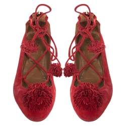 Pre Owned Aquaazzura Red Suede Leather Fringe Tassel Ankle Wrap Ballet Flats Size 40.5