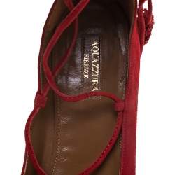 Pre Owned Aquaazzura Red Suede Leather Fringe Tassel Ankle Wrap Ballet Flats Size 40.5