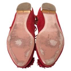 Pre Owned Aquaazzura Red Suede Leather Fringe Tassel Ankle Wrap Ballet Flats Size 40.5