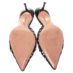 Pre Owned Aquazzura Black/White Polka Dot Fabric Deneuve Mules Size 39.5