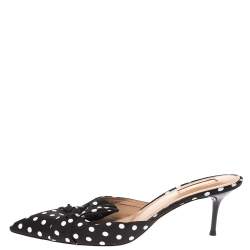 Pre Owned Aquazzura Black/White Polka Dot Fabric Deneuve Mules Size 39.5