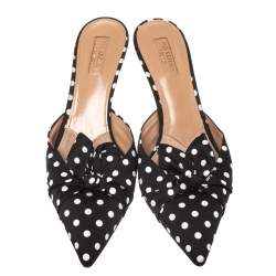 Pre Owned Aquazzura Black/White Polka Dot Fabric Deneuve Mules Size 39.5