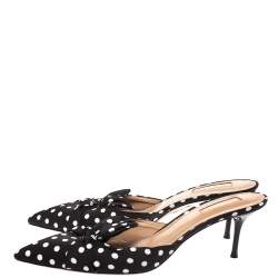 Pre Owned Aquazzura Black/White Polka Dot Fabric Deneuve Mules Size 39.5