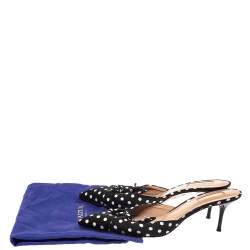 Pre Owned Aquazzura Black/White Polka Dot Fabric Deneuve Mules Size 39.5