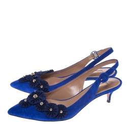 Pre Owned Aquazzura Blue Suede Embellished Exotic Pointed Toe Sandals Size 39