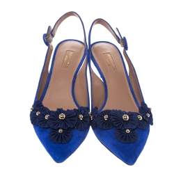 Pre Owned Aquazzura Blue Suede Embellished Exotic Pointed Toe Sandals Size 39