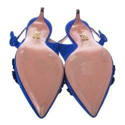 Pre Owned Aquazzura Blue Suede Embellished Exotic Pointed Toe Sandals Size 39