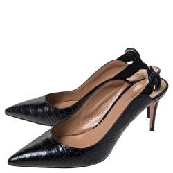 Pre Owned صندل أكوازورا فتحة كعب يال جلد نقش تمساح أسود مقاس 38.5