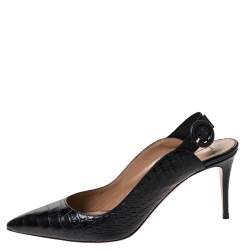 Pre Owned صندل أكوازورا فتحة كعب يال جلد نقش تمساح أسود مقاس 38.5