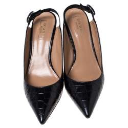 Pre Owned صندل أكوازورا فتحة كعب يال جلد نقش تمساح أسود مقاس 38.5