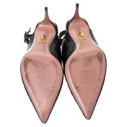 Pre Owned صندل أكوازورا فتحة كعب يال جلد نقش تمساح أسود مقاس 38.5