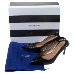 Pre Owned صندل أكوازورا فتحة كعب يال جلد نقش تمساح أسود مقاس 38.5