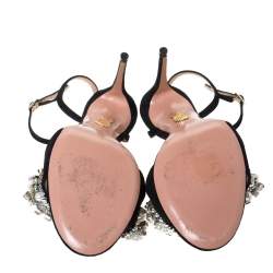 Pre Owned صندل أكوازورا سويدي أسود مزخرف كريستال بحزام للكاحل مقاس 37