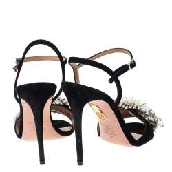 Pre Owned صندل أكوازورا سويدي أسود مزخرف كريستال بحزام للكاحل مقاس 37