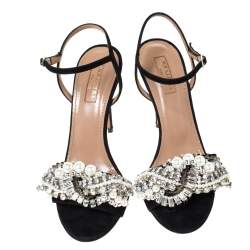 Pre Owned صندل أكوازورا سويدي أسود مزخرف كريستال بحزام للكاحل مقاس 37