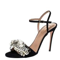 Pre Owned صندل أكوازورا سويدي أسود مزخرف كريستال بحزام للكاحل مقاس 37