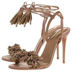مملوكة مسبقًا Aquazzura Pink Leather Wild Thing Embellished Fringe And Tassel Ankle Wrap Sandals Size 37.5
