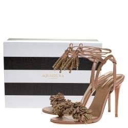 مملوكة مسبقًا Aquazzura Pink Leather Wild Thing Embellished Fringe And Tassel Ankle Wrap Sandals Size 37.5