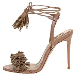 مملوكة مسبقًا Aquazzura Pink Leather Wild Thing Embellished Fringe And Tassel Ankle Wrap Sandals Size 37.5