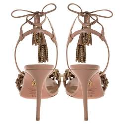 مملوكة مسبقًا Aquazzura Pink Leather Wild Thing Embellished Fringe And Tassel Ankle Wrap Sandals Size 37.5