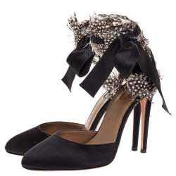 Pre Owned Aquazzura Black Satin Feather Embellished Madison Ankle Tie Pumps Size 37