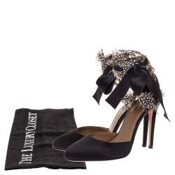 Pre Owned Aquazzura Black Satin Feather Embellished Madison Ankle Tie Pumps Size 37
