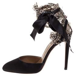 Pre Owned Aquazzura Black Satin Feather Embellished Madison Ankle Tie Pumps Size 37