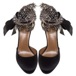 Pre Owned Aquazzura Black Satin Feather Embellished Madison Ankle Tie Pumps Size 37