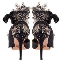 Pre Owned Aquazzura Black Satin Feather Embellished Madison Ankle Tie Pumps Size 37