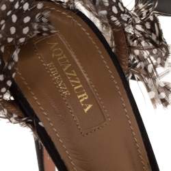 Pre Owned Aquazzura Black Satin Feather Embellished Madison Ankle Tie Pumps Size 37