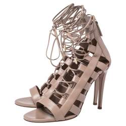 Pre Owned Aquazzura Beige Leather Gladiator Ankle Wrap Sandals Size 37