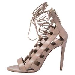 Pre Owned Aquazzura Beige Leather Gladiator Ankle Wrap Sandals Size 37