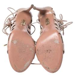 Pre Owned Aquazzura Beige Leather Gladiator Ankle Wrap Sandals Size 37