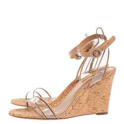 Pre Owned Aquazzura Beige PVC and Leather Trim Minimalist Cork Wedge Ankle Strap Sandals Size 38.5