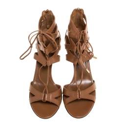 Pre Owned Aquazzura Brown Leather Beverly Hills Open Toe Sandals Size 35.5