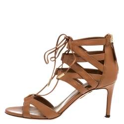 Pre Owned Aquazzura Brown Leather Beverly Hills Open Toe Sandals Size 35.5