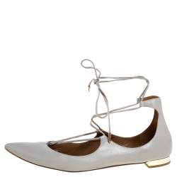 Pre Owned Aquazzura Grey Leather Christie Ankle Wrap Pointed Toe Flats Size 41